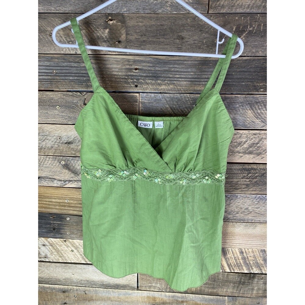 Cato Women's Sz L Green V-Neck Adjustable Spaghetti Strap Summer Top